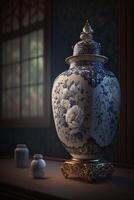 exquisit Chinesisch Porzellan Artefakte angezeigt im ein Museum ai generiert foto