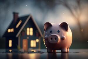 Speichern zum das Traum Zuhause Schweinchen Bank mit verschwommen Haus im Hintergrund ai generiert foto