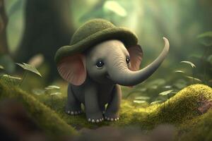 Abenteuer von das Urwald Forscher wenig Elefant mit ein tropisch Hut ai generiert foto