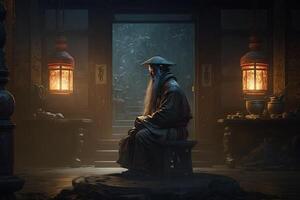 kontemplativ Konfuzius im verzaubert Chinesisch Tempel umgeben durch Mystiker Licht ai generiert foto