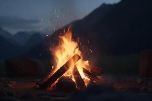 gemütlich Lagerfeuer im das Herz von das Berg Wildnis ai generiert foto