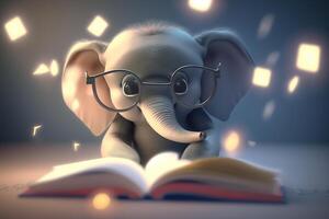 das Bücherwurm Elefant ein süß wenig Elefant lesen ein Buch mit Brille ai generiert foto