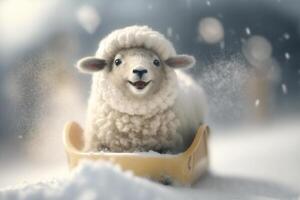 bezaubernd wenig Schaf haben Spaß Rodeln im das schneebedeckt Winter Wunderland ai generiert foto