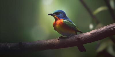 bunt Vogel thront auf ein Ast im das Regenwald ai generiert foto