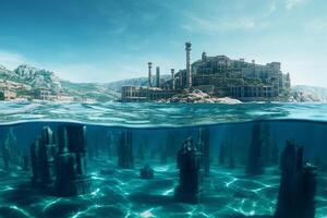 das mystisch versunken Stadt ein halb untergetaucht Aussicht von atlantis im Kristall Blau Wasser ai generiert foto
