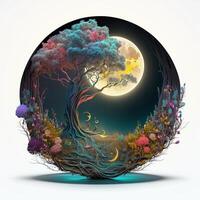 Illustration Fantasie Fee Geschichte Baum Landschaft mit Mond im das Abend ai generiert Inhalt ai generiert foto