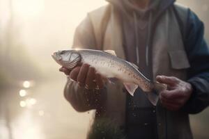 Morgen Fang stolz Angler halten frisch Fisch im das neblig Nebel ai generiert foto