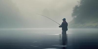 Angeln beim Dämmerung Angler im das neblig See mit Angeln Stange ai generiert foto