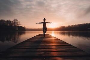 Gelassenheit im Bewegung Frau einnehmend im Sonnenuntergang Yoga auf See Seebrücke ai generiert foto