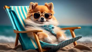 stilvoll pommerschen Hund faulenzen im ein Strand Stuhl tragen Sonnenbrille ai generiert foto