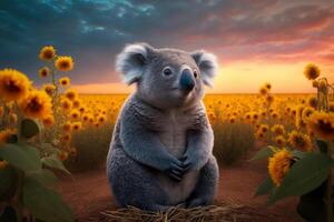 Koala Sitzung im ein Feld voll von Sonnenblumen im spät Sommer- ai generiert Inhalt foto