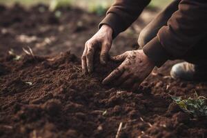 Landwirtschaft Wurzeln ein Farmer graben im das Boden mit seine Hände ai generiert foto