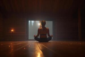 finden Frieden innerhalb Frau meditieren im mit gekreuzten Beinen Yoga Pose ai generiert foto