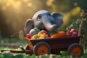 wenig Elefant Ernte Gemüse im das Garten mit ein Schubkarre ai generiert foto