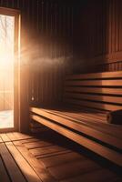 strahlend Sauna ein heiter Flucht mit Sonnenstrahlen und warm Holz ai generiert foto