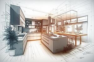 ein technisch Zeichnung von ein Küche mit 3d Visualisierung ai generiert foto