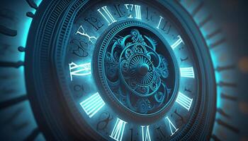 Chrono Portale Zeit Reise durch seltsam Uhr Gesichter und Symbole ai generiert foto