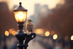 städtisch Tierwelt majestätisch Vogel auf ein Stadt Lampe Post beim Dämmerung ai generiert foto