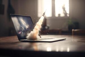Starten Ihre Geschäft zu das Sterne Laptop mit Rakete auf Büro Schreibtisch ai generiert foto