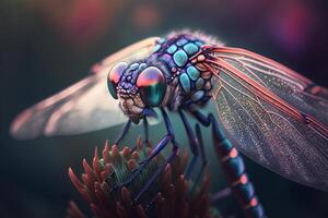 hyperrealistisch Illustration von ein Libellen-inspiriert Insekt, vergrößert Nahansicht ai generiert foto