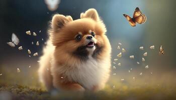 jagen Schmetterlinge bezaubernd pommerschen Hund auf ein Grün Wiese ai generiert foto
