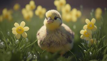 bezaubernd jung Küken auf ein Frühling Blume Feld ai generiert foto