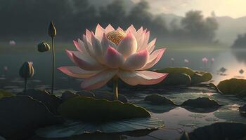 heiter Lotus Blüten schmücken das still Teich ai generiert foto