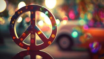 groovig Hippie Kunstwerk mit ein beschwingt Frieden Zeichen ai generiert foto