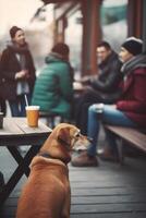 geduldig Hündchen ein Hund warten zum seine Inhaber im das Stadt Cafés öffnen Luft Sektion ai generiert foto