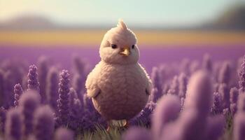 Süss wenig Küken im ein Lavendel Feld ai generiert foto