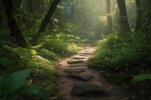 wandern durch das üppig Regenwald ein Pfad weniger gereist ai generiert foto