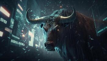 stürmisch Absturz ein mystisch Bild von ein wütend Stier während ein Lager Markt Absturz ai generiert foto