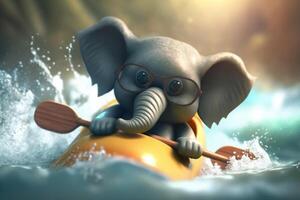 wenig komisch Elefant haben Spaß Weiß Wasser Rafting im ein Kajak ai generiert foto