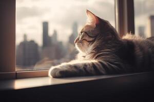 Stadt Katze Blick aus Fenster beim Wolkenkratzer ai generiert foto