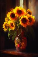 abstrakt immer noch Leben mit Sonnenblumen im ein Fett gedruckt Vase, beschwingt Pinselstriche und Farben ai generiert foto