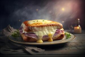 knackig Güte hingeben im das klassisch Französisch Croque Monsieur Sandwich ai generiert foto