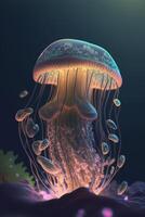 glühend Tiefsee Qualle ein strahlend Schönheit im das Dunkelheit ai generiert foto