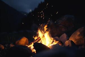 gemütlich Lagerfeuer im das Herz von das Berg Wildnis ai generiert foto