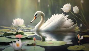 anmutig Schwan im ein Teich von Blühen Lotus Blumen ai generiert foto