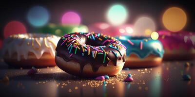 sortiert köstlich Donuts mit Bokeh Bäckerei Dessert Illustration ai generiert foto
