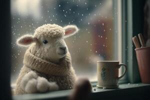 gemütlich Schaf nippen warm trinken durch schneebedeckt Fenster im Winter Wunderland ai generiert foto