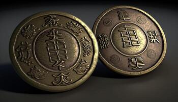 Glück Reize Nahansicht von traditionell Chinesisch Glücklich Münzen ai generiert foto