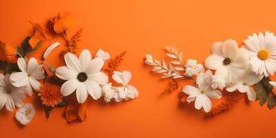 Blüten im Orange Weiß und Orange Blumen auf ein Orange Hintergrund ai generiert foto