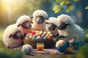 pelzig Freunde' Picknick süß wenig Schaf genießen ein Sommer- Tag im das Wiese ai generiert foto