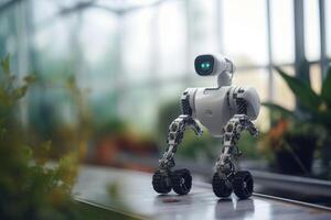 futuristisch Gewächshaus Belegschaft Roboter beim abspielen ai generiert foto