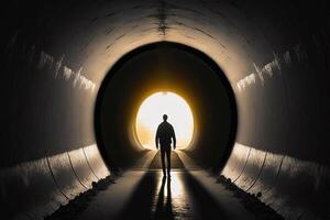 Mann beim das Ende von das Licht von das Tunnel ai generiert foto