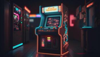 retro Spielen Spaß alte Schule Arkade Spiel im ein 80er Jahre Neon- Wunderland ai generiert foto