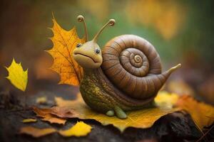 ein komisch Märchen Schnecke im Herbst zwischen braun Blätter ai generiert foto