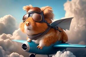 süß komisch Illustration von fliegend Guinea Schwein im Fantasie Welt mit Wolken und Blau Himmel ai generiert foto