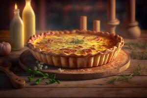 Bohnenkraut und klassisch Quiche Lorraine mit Schinken, Eier, und Gruyère Käse auf ein knusprig Kruste ai generiert foto